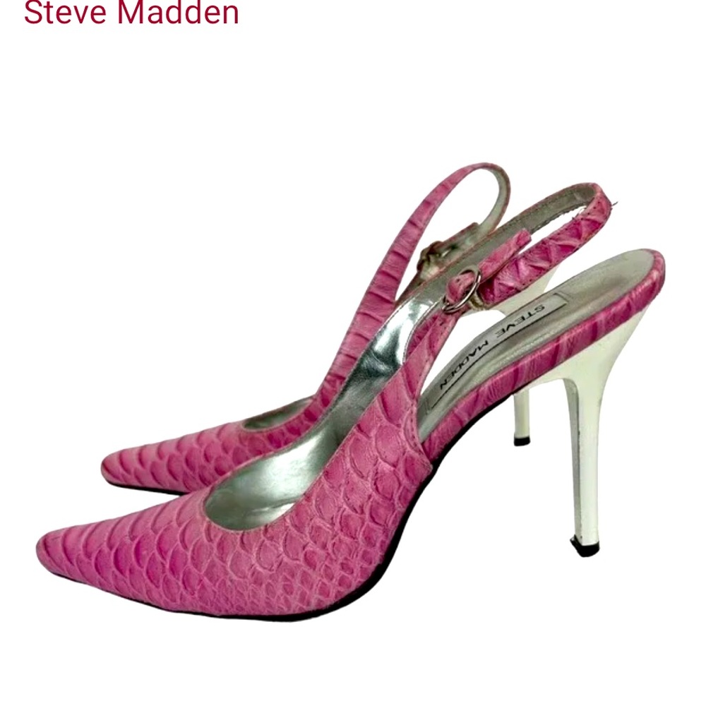Steve Madden pink faux croc pointed toe sling back heels w/metallic silver heels